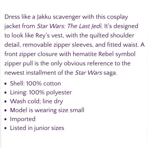 STAR WARS HER UNIVERSE THE LAST JEDI Rey Destiny Convertible VEST JACKET! - Picture 11 of 11